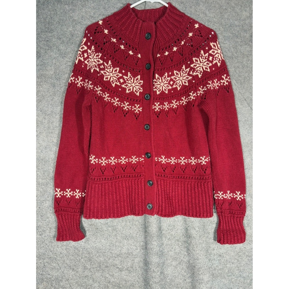 LL Bean Signature Fair Isle Cardigan Sweater Red Cotton Snowflake Womens Medium